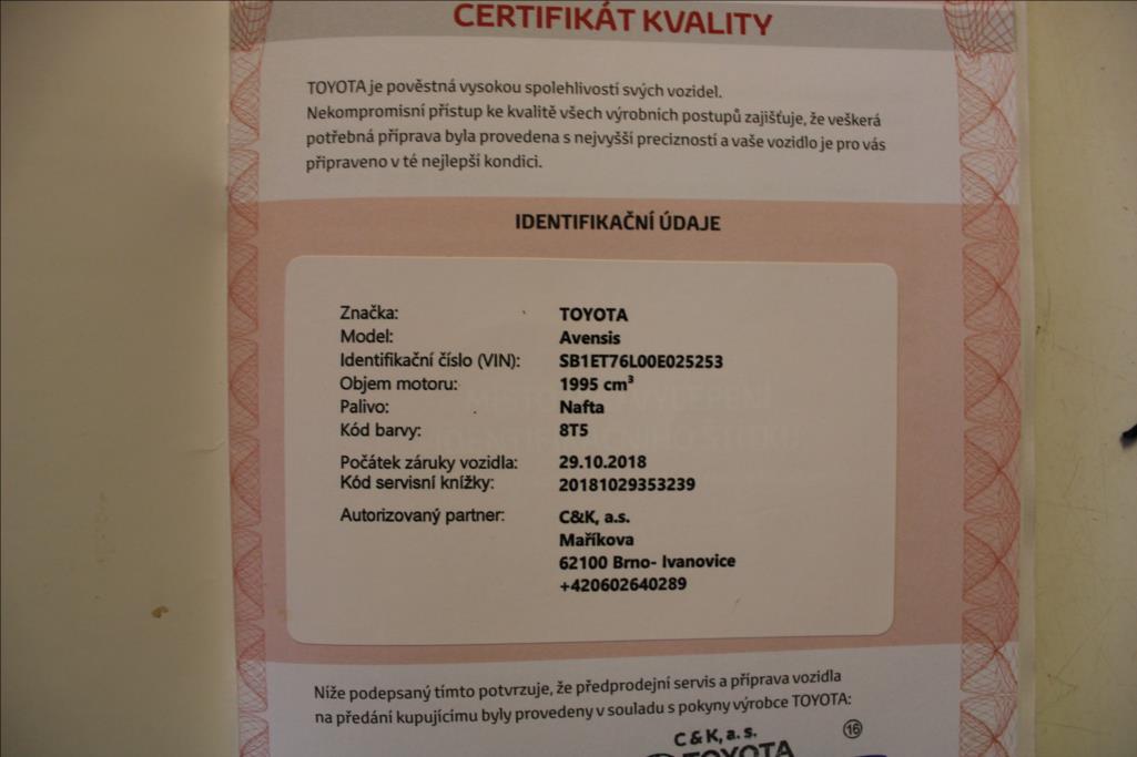 2018 – Toyota Avensis – 2,0 D  1.maj. ČR, serviska