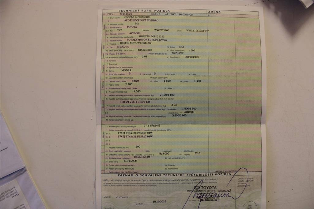 2018 – Toyota Avensis – 2,0 D  1.maj. ČR, serviska